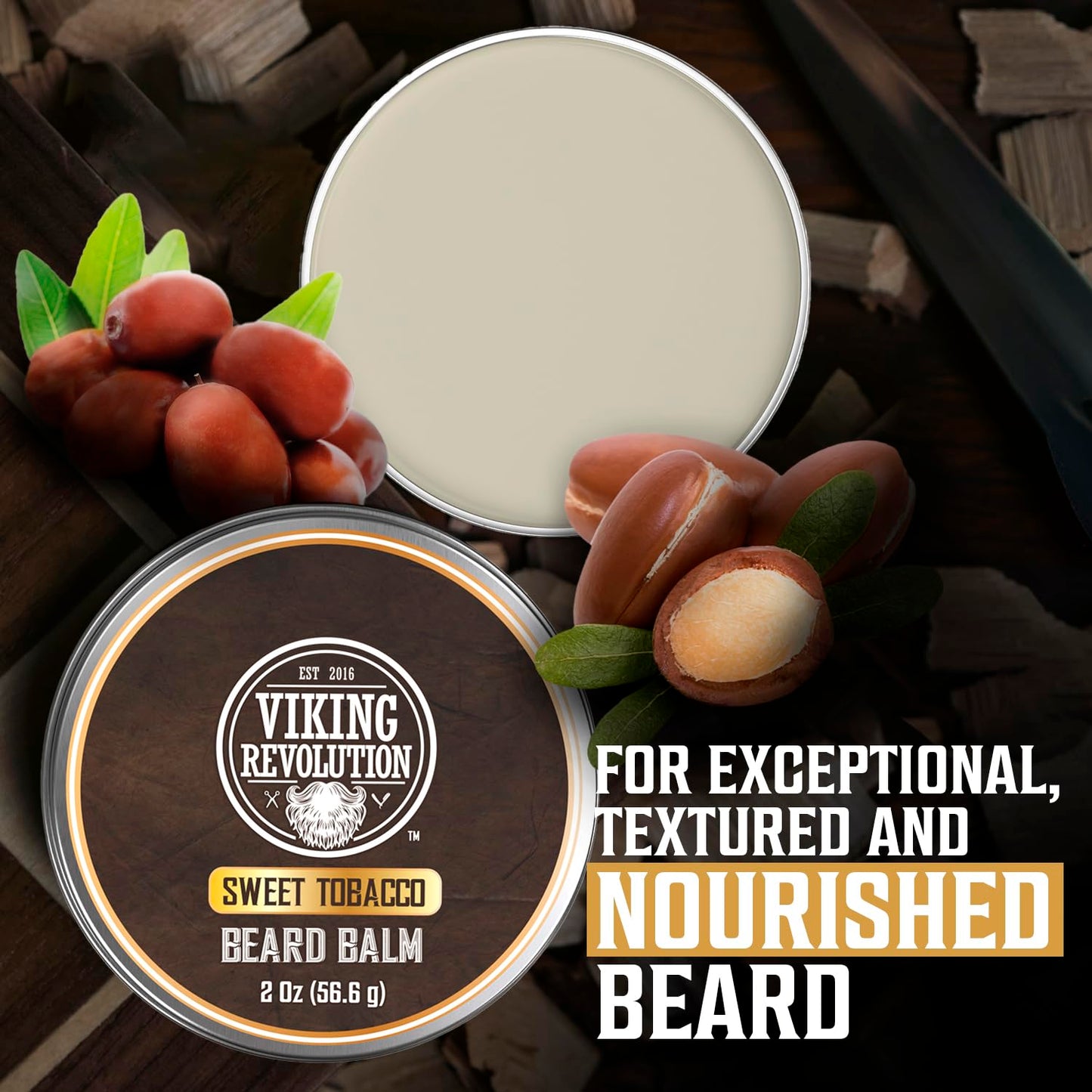 Viking Revolution Sweet Tobacco Beard Balm - Tobacco Scented Beard Butter with Argan Oil & Jojoba Oil - Softens and Moisturizes Beards for Men (2oz, 1 Pack)