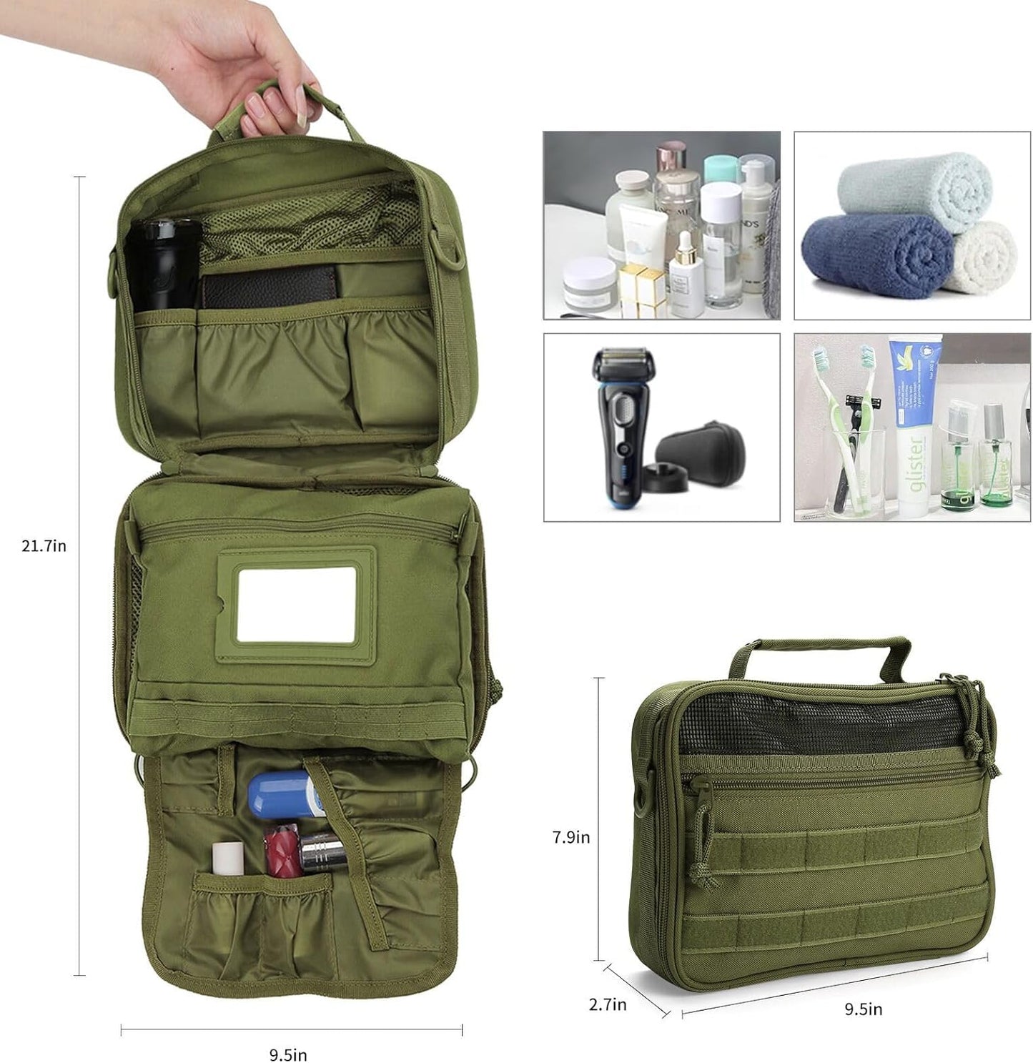 SUNRISING Tactical Toiletry Bag for Men - Hanging Travel Dopp Kit, Shaving Hygiene Organizer, Durable Bathroom Essentials for Short Trips & Camping Army Green