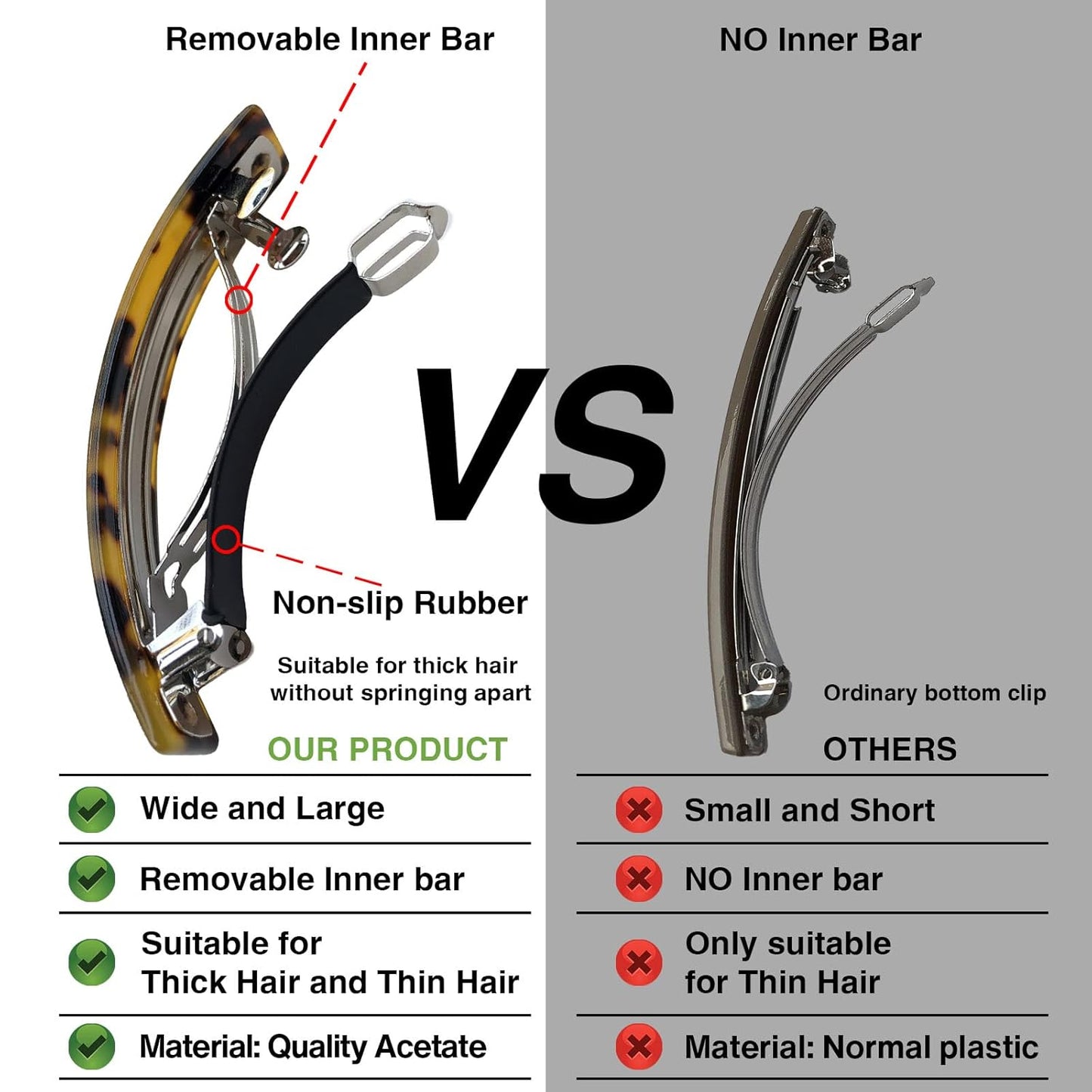 Large French Barrettes for Women Fine Thick Hair, Classic Tortoise Shell Hair Clips Wide Curved Celluloid Ponytail Holder Clamp Fashion Hair Accessories Automatic Clasp Hairgrips 3 Pack