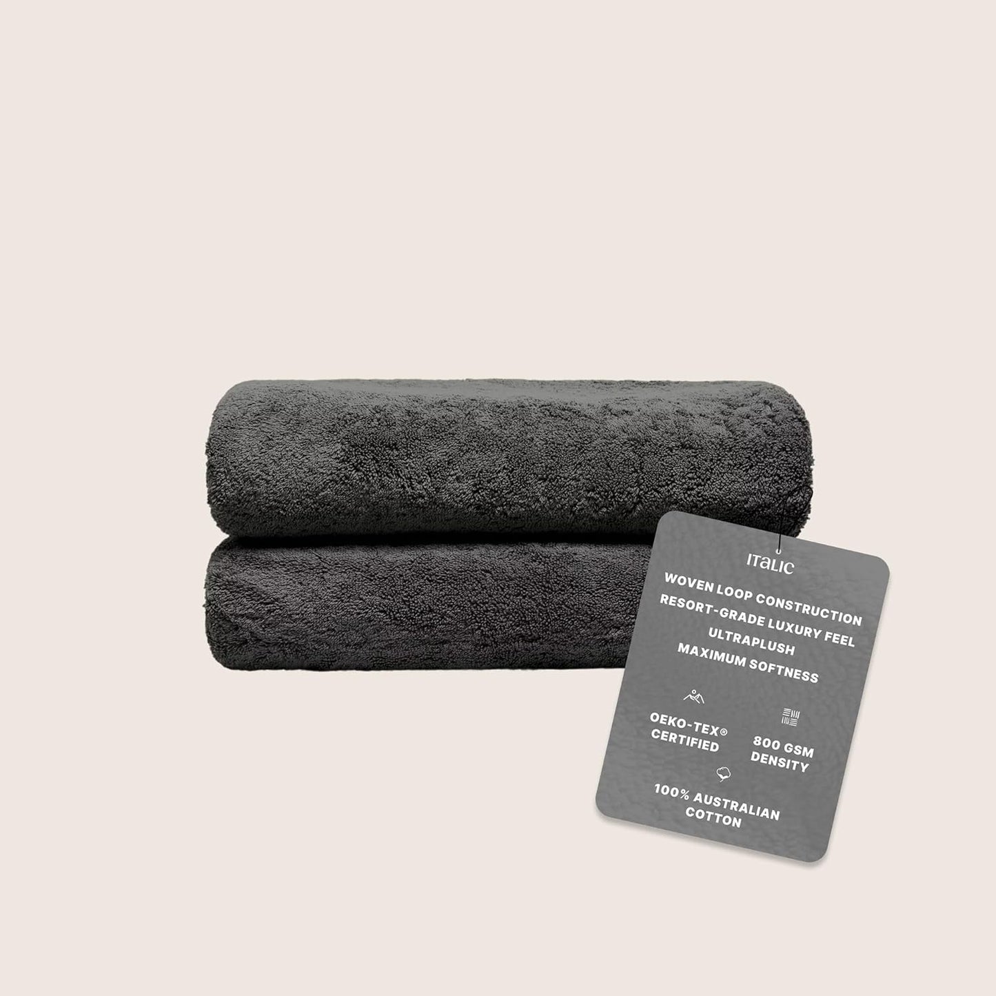Italic Ultraplush 100% Australian Cotton Towels - Set of 2 Luxury Bath Towels, Quick Dry Plush and Absorbent, Heavy Duty Large Bath Towels, 800GSM Towels for Bathroom & Spa (Charcoal)