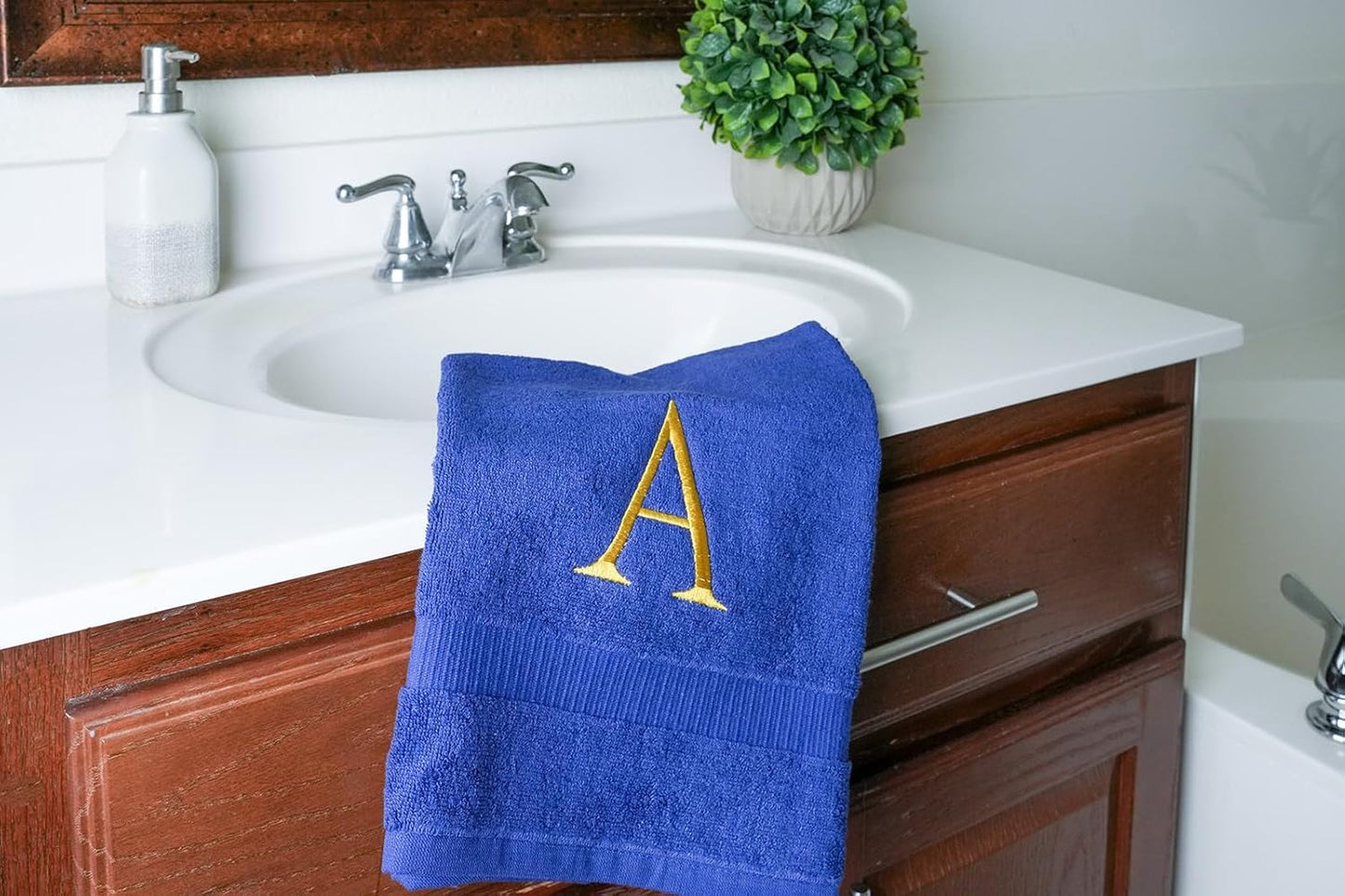 Navy Monogrammed Hand Towels for Bathroom - Luxury Hotel Quality Personalized Initial Decorative Embroidered Towel for Powder Room, Spa - GOTS Organic Certified - Set of 2 Gold Letter A