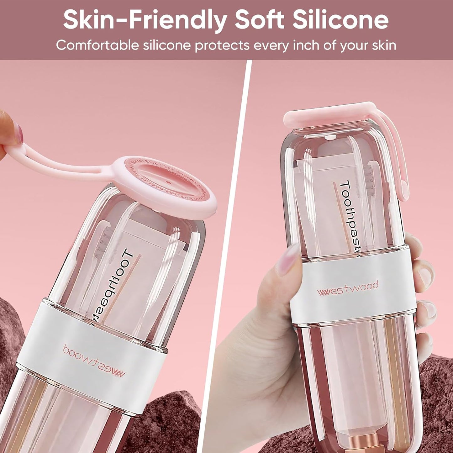 Westwood Travel Toothbrush Case Travel Toothbrush Holder with Cup, Large Toothbrush Container for Toothbrush Toothpaste Razor, Portable Toothbrush Holder with Cover for Home Business School (Pink)