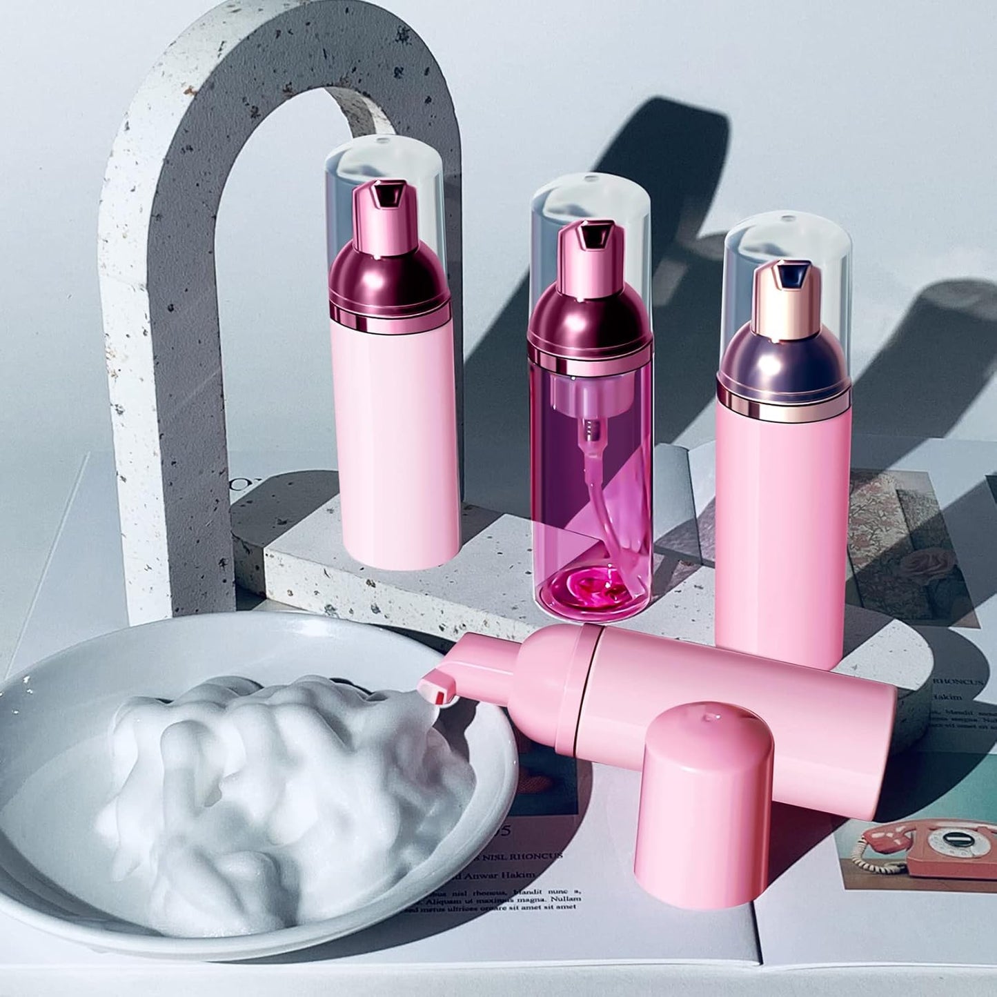 Lil Ray 2 Oz Empty Pink Foam Pump Bottle, Travel Foamer Soap Dispenser for Lash Shampoo, Hand Soap, Foaming Cleaner(Pink Pump, 12 PCS)