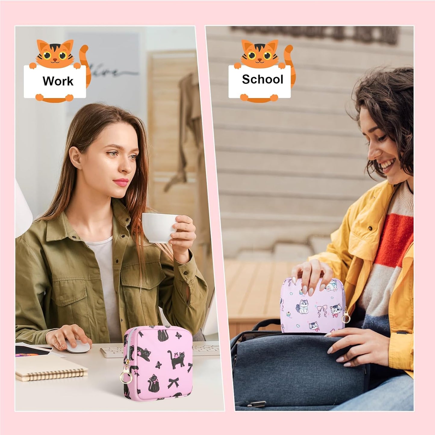 Tampon Holder for Purse, Canvas Period Bag Sanitary Napkin Storage Bag for Girls Womens, Portable Feminine Emergency Pad Period Pouch(Bow-Tie Black Cat)