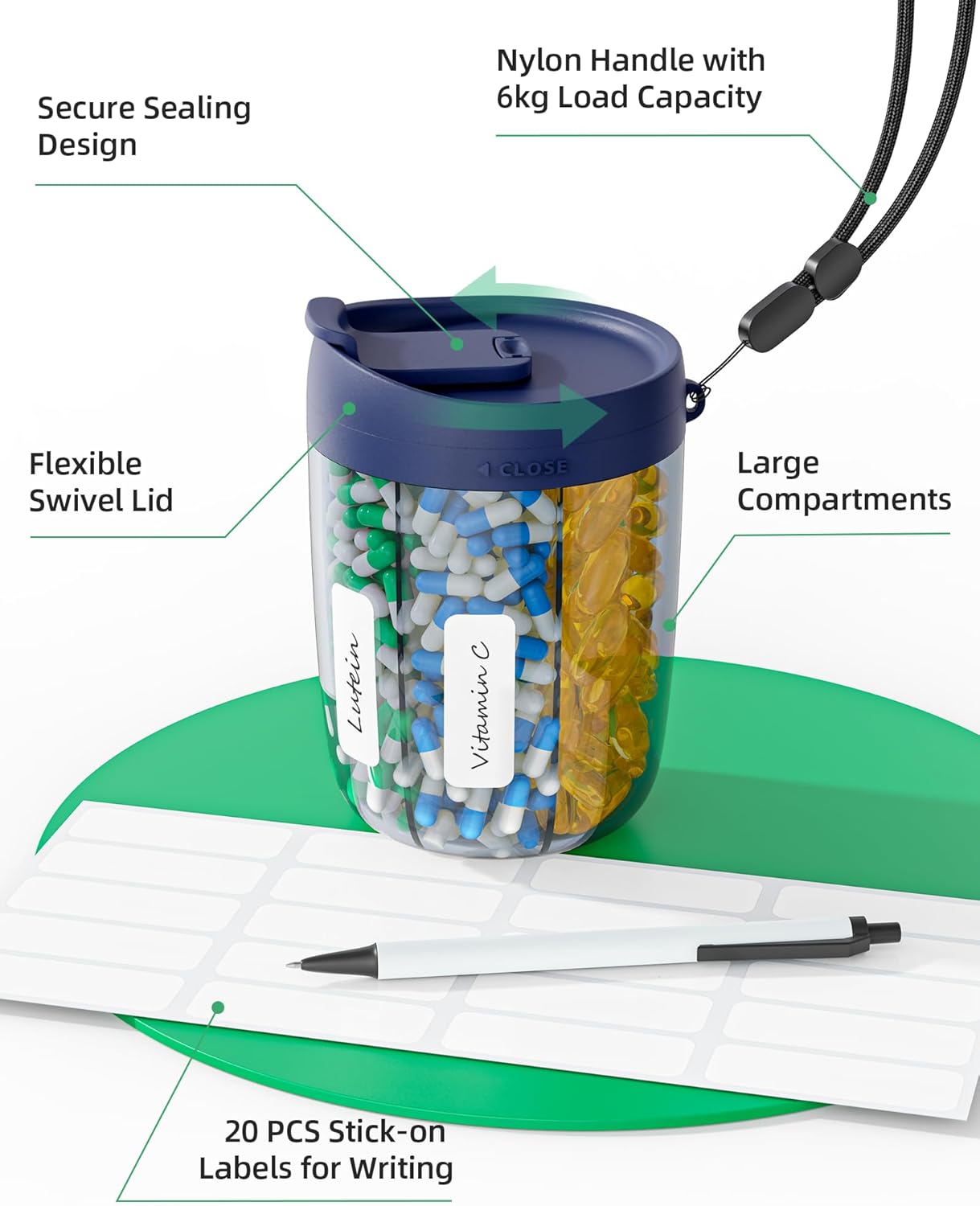 PULIV Large Supplement Organizer Bottle, Holds Plenty of 6 Various Vitamins in 1 Pill Dispenser with Anti-Mixing & Wide Openings Design, Easy to Retrieve Meds, Includes 20 Pcs Labels Silver Gray