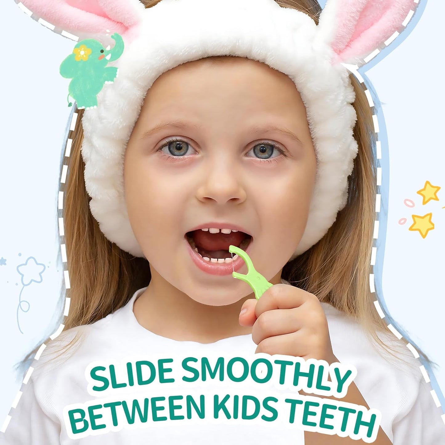 Biodegradable Kids Flossers, Cute Elephant Floss Picks, No Fluoride BPA Free Eco Friendly Dental Floss Picks, Mint Flavored, 2 Colors, 50 Count (Pack of 4)