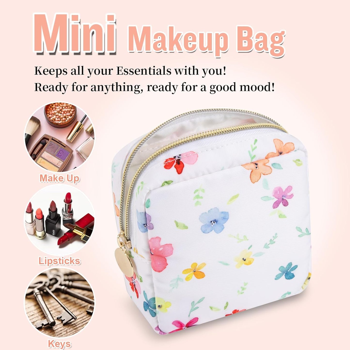 Nylon Mini Floral Makeup Bag for Purse, Small Cute Makeup Bag Preppy Flower Cosmetic Zipper Pouch, Waterproof Travel Set Coin Pouch Sanitary Napkin Storage Bag Makeup Organizer for Women(White-Flower)