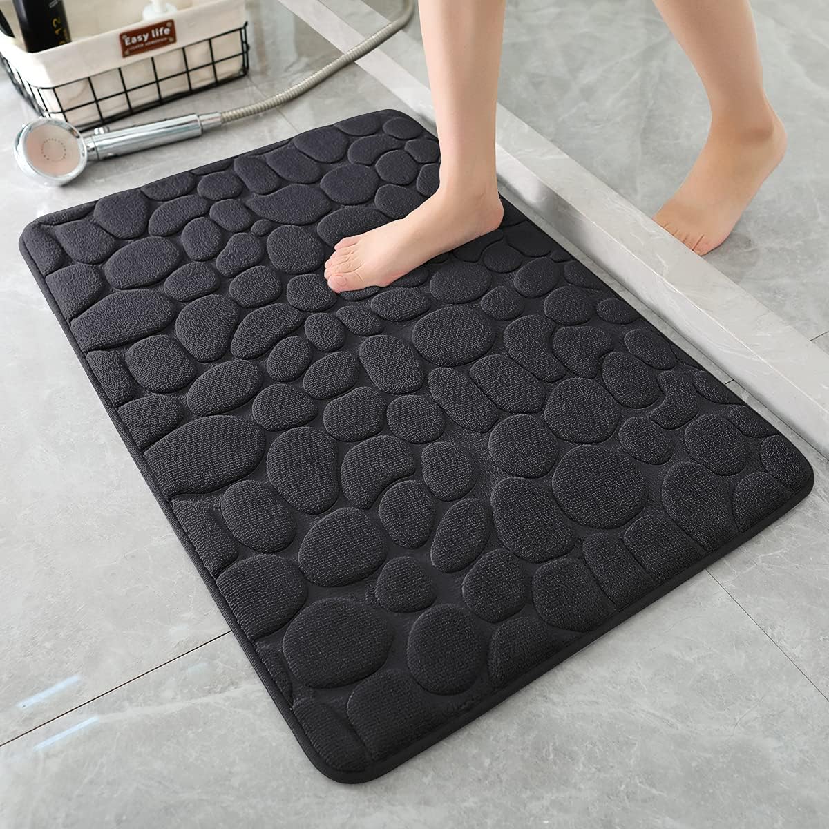 YIHOUSE Memory Foam Bath Mat Cobblestone Bathroom Rugs Super Water Absorbent Bath Mats for Bathroom Machine Washable Bath Rugs(20x32,Black)