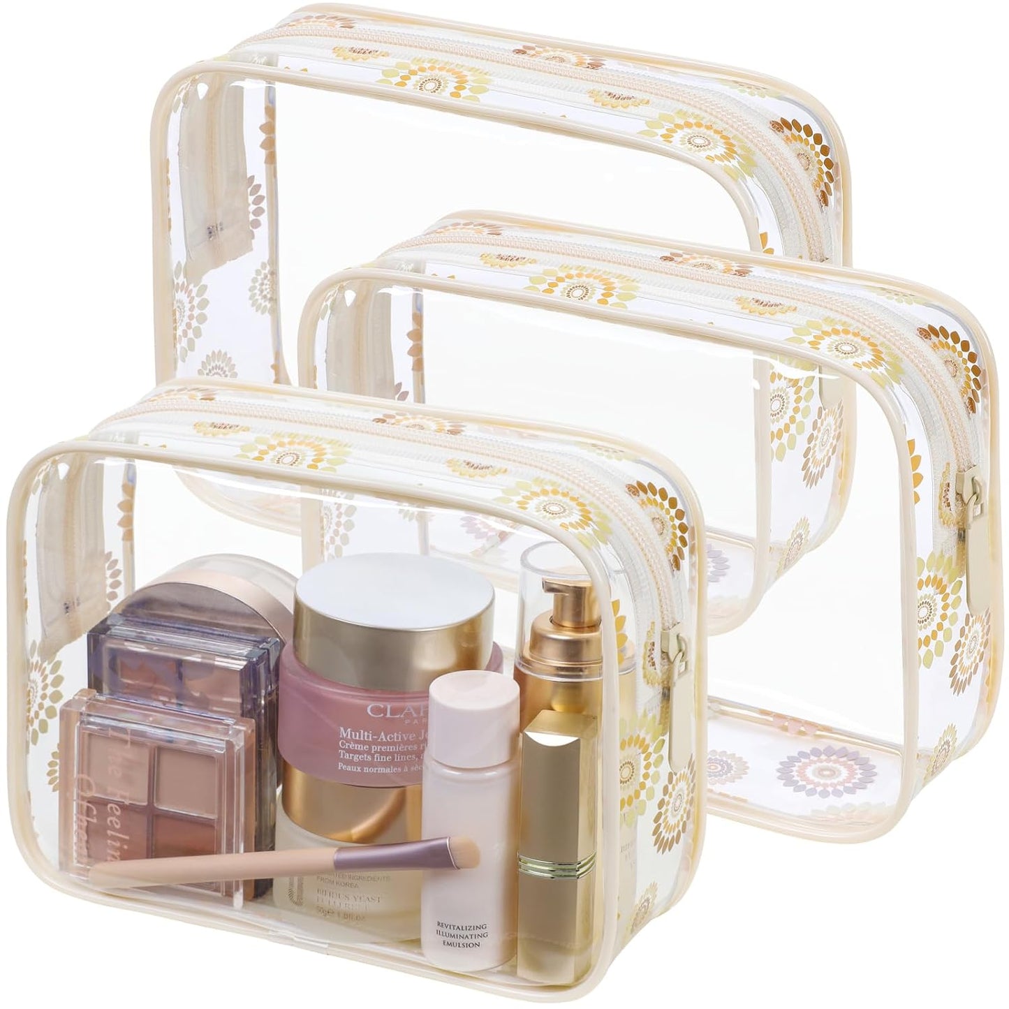 PACKISM TSA Approved Toiletry Bag - Beige Bohemian Print Clear Cosmetic Bag, Suitable for Gifts, with Supporting Frame, Perfect for Travel Essentials, Thick No Smell