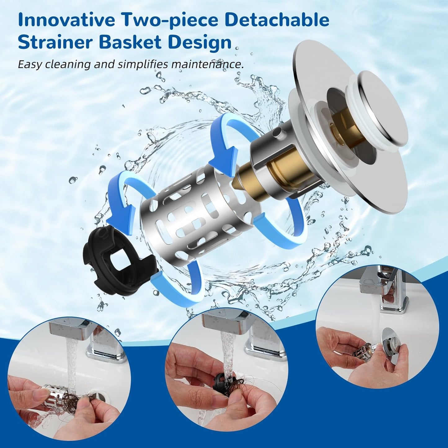 Hibbent 3 Pack Upgraded 3 in 1 Bathroom Sink Drain Strainer, Universal Pop Up Stopper with Removable Stainless Steel Filter Basket Hair Catcher, Sink Plug for 1.1''~2.36'' Basin, Brass Core, Chrome