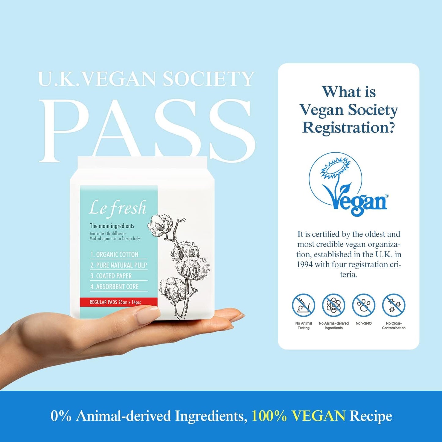 Lefresh Organic Cotton Cover Pads with Wings| Regular, 28 Count | Regular Absorbency - Unscented - Vegan - Chlorine Free - Ultra Thin Pads for Women