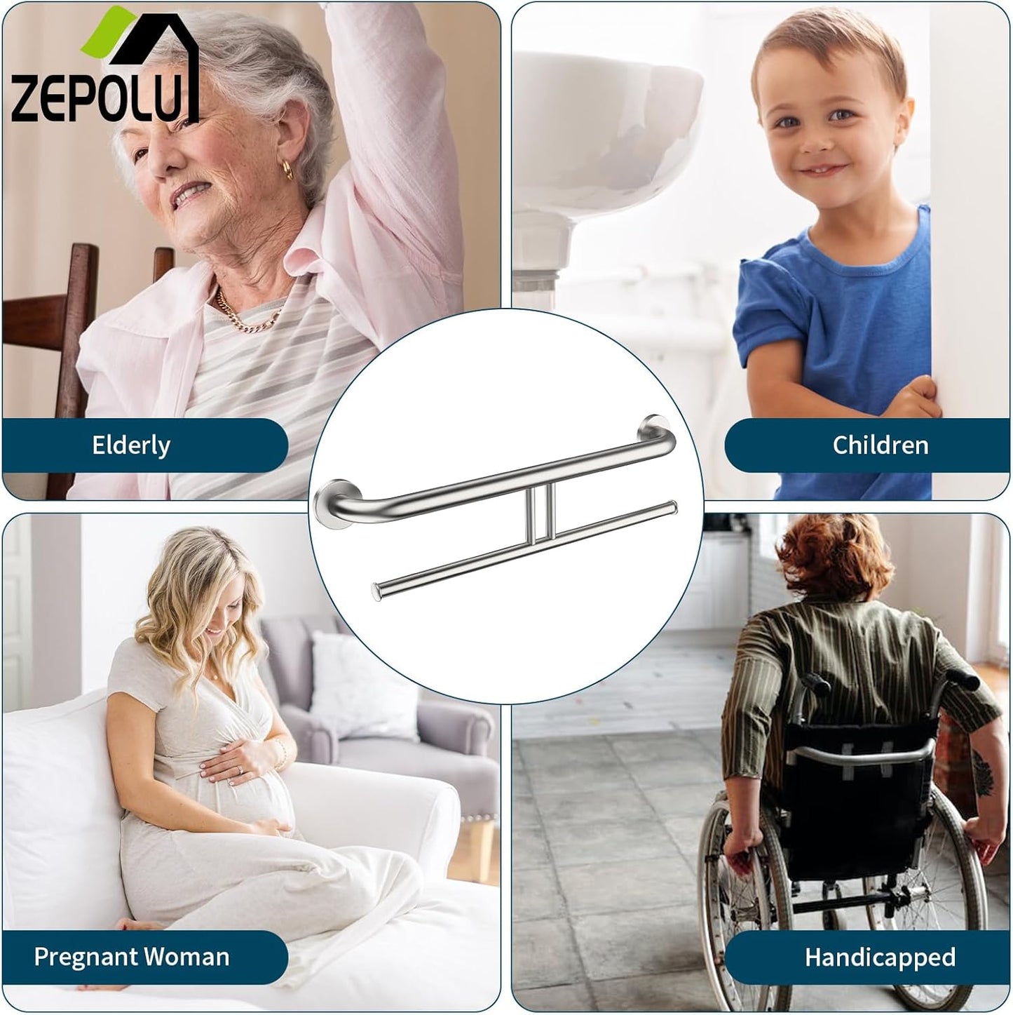 Brushed Nickel Double Toilet Paper Holder w/Safety Bar 24 inch, Zepolu 2-in-1 Assist Bar Balanced Support Handle, Stainless Steel Wall Mounted Bathroom Toilet Grab Bar for Senior Elderly Handicap