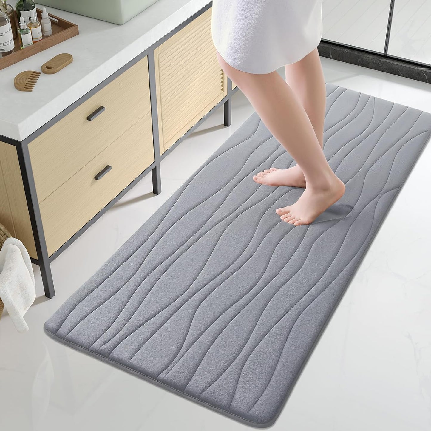 Buganda Memory Foam Bathroom Rug Mat 47x24, Extra Soft and Absorbent Bath Mats, Non-Slip and Machine Washable Bath Rugs for Bathroom Floor,Tub and Shower, Medium Grey