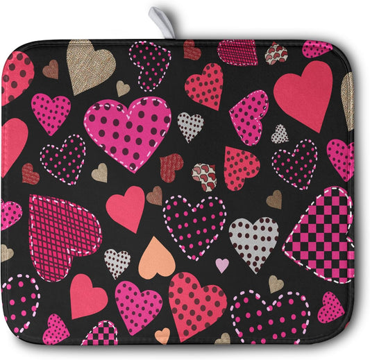 Valentine's Day Kitchen Drying Mats for Dishes 16x18 Inch Love Heart Dish Drying Mat Black Pink Polka Dots Dish Drainer Mat Super Absorbent Dish Rack Pad for Coffee Bar Sinks