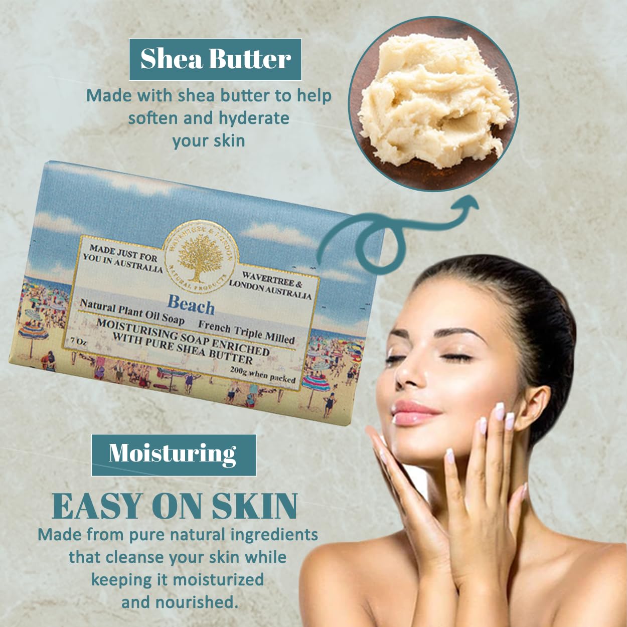 Wavertree & London Beach Scented Natural Soap (8 Bars), 7oz Moisturizing French Triple Milled Soap Bars enriched with shea butter - Pure Plant Oil Bath & Body Bars for All Skin Types