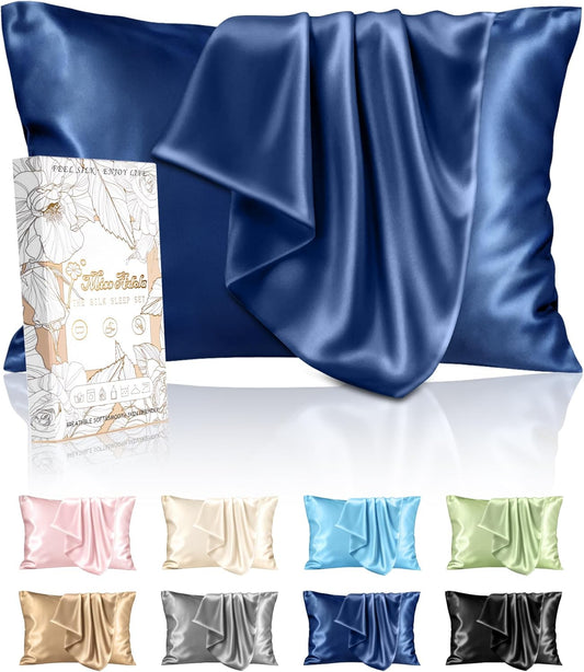 Silk Pillowcase 2 Pack - Pillow Cases Queen Set of 2 Size 20" x 30" for Hair and Skin Smooth Soft Breathable with Hidden Zipper Cooling Pillow Covers for Women, Navy Blue