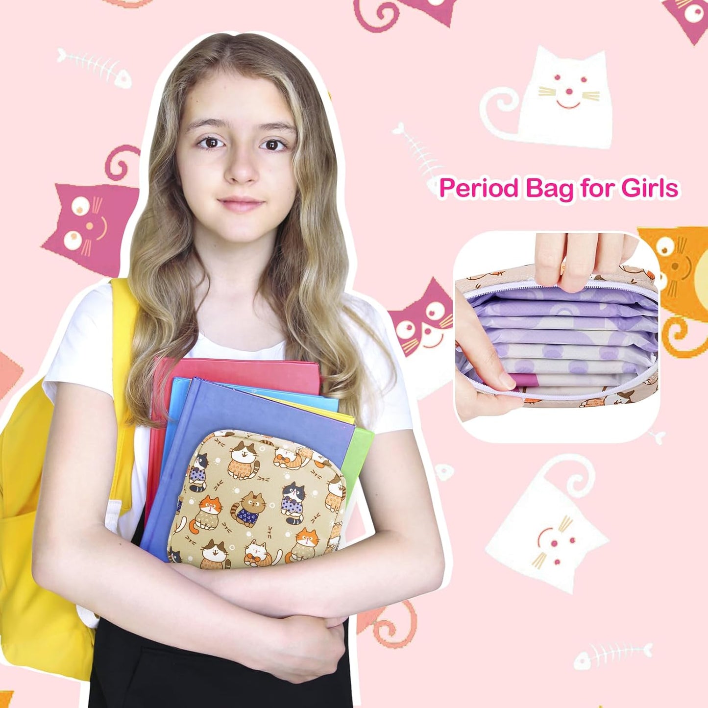 Period Bag Pouch, Canvas Sanitary Napkin Storage Bag for Girls Womens, Portable Sanitary Napkin Period Pad Pouch for Purse, Small Make Up Bags(Khaki Cat)