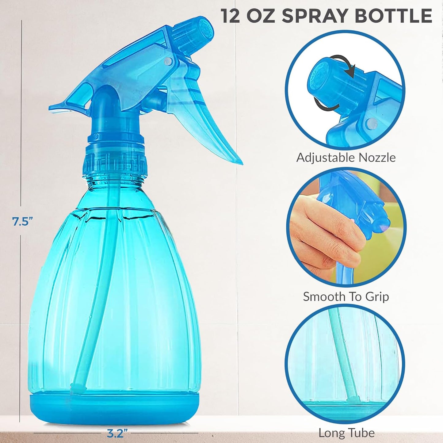 DilaBee Blue Spray Bottle (1-Pack 12 Oz) - Adjustable Nozzle Water Spray Bottle for Hair, Plants, Cleaning Solutions, BBQ. Plant Sprayer, Hair Mister, Squirt Bottles for Liquids - Food-Safe BPA-Free