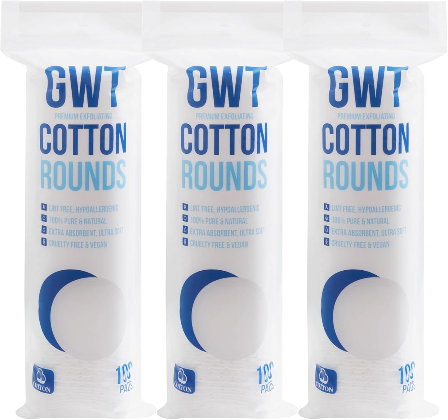 GWT Premium Cotton Rounds for Face, 100% Pure & Lint-Free Cotton Pads, Soft & Absorbent Makeup Remover, Hypoallergenic, Multi-Layer Design (100 Count (Pack of 3))
