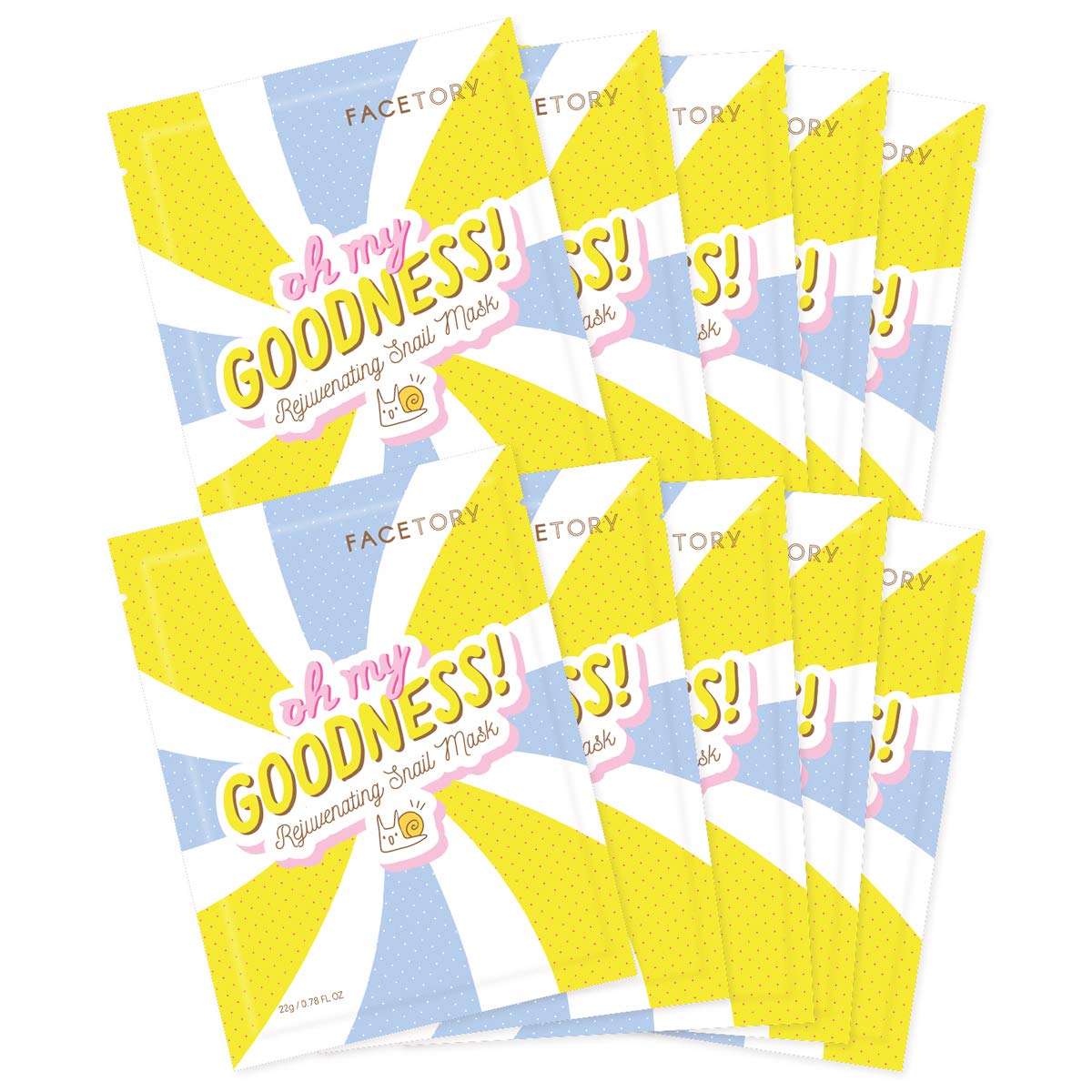 FACETORY K Beauty Face Mask Skin Care - OH MY GOODNESS REJUVENATING SNAIL Sheet Mask with Snail Essence & Hyaluronic Acid | Hydrate, Soothe, Seal in Moisture (10 Pack)