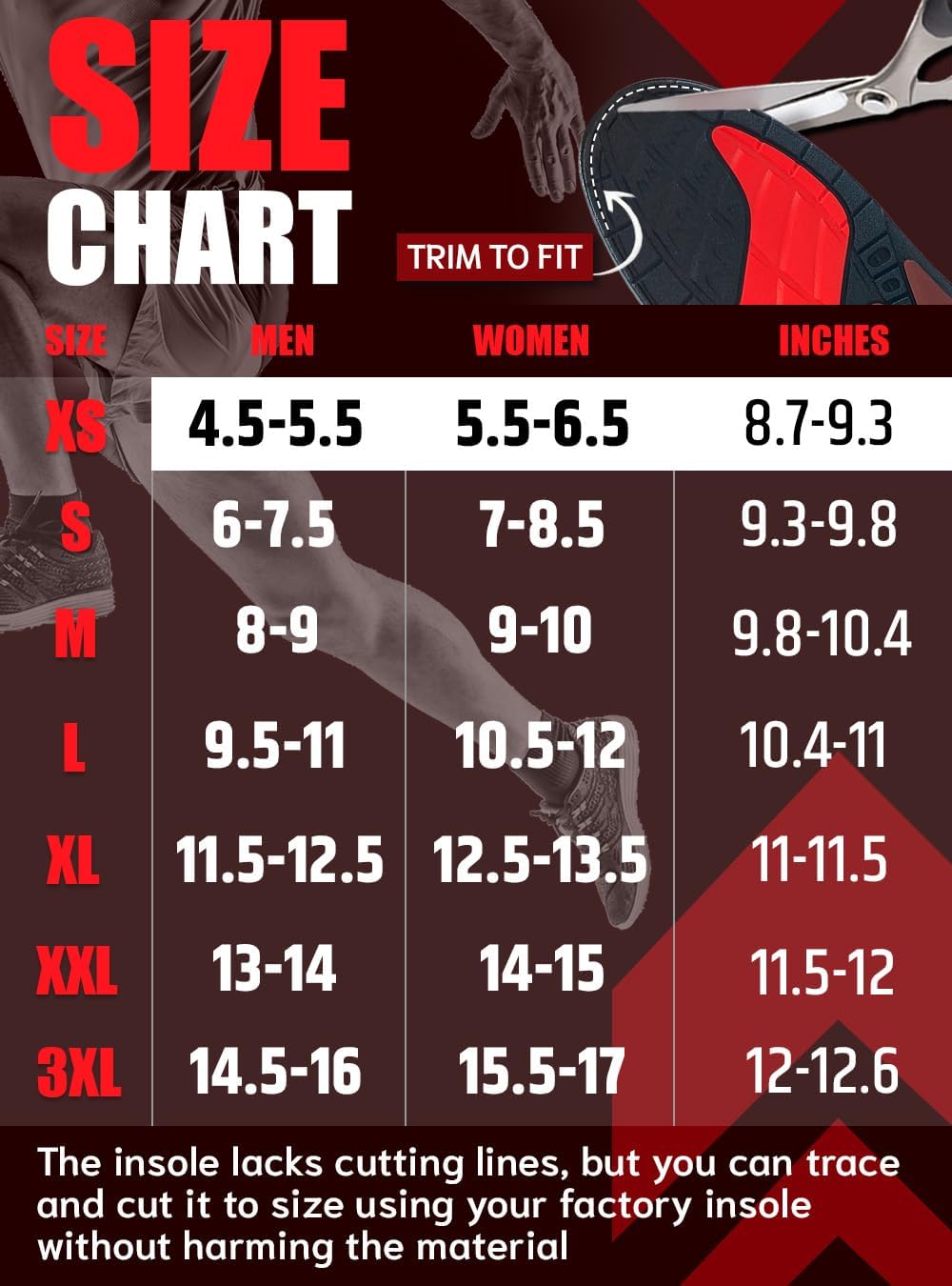 Flex Fit Sport Insoles - Medium Arch Support Inserts - Running Insoles for Sneackers - Shoe Inserts for Men and Women (Red, XS)