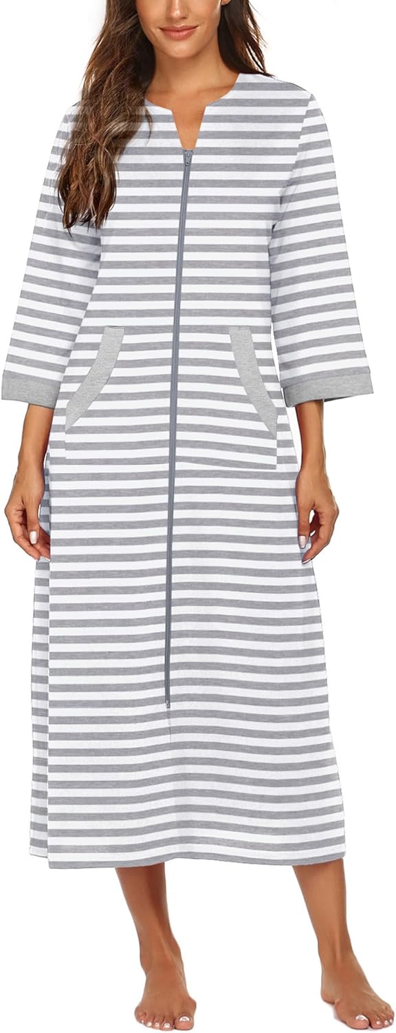 Ekouaer Women Zipper Robe 3/4 Sleeves Loungewear Dress Full Length Sleepwear Pockets Housecoat Nightgown Long Bathrobe
