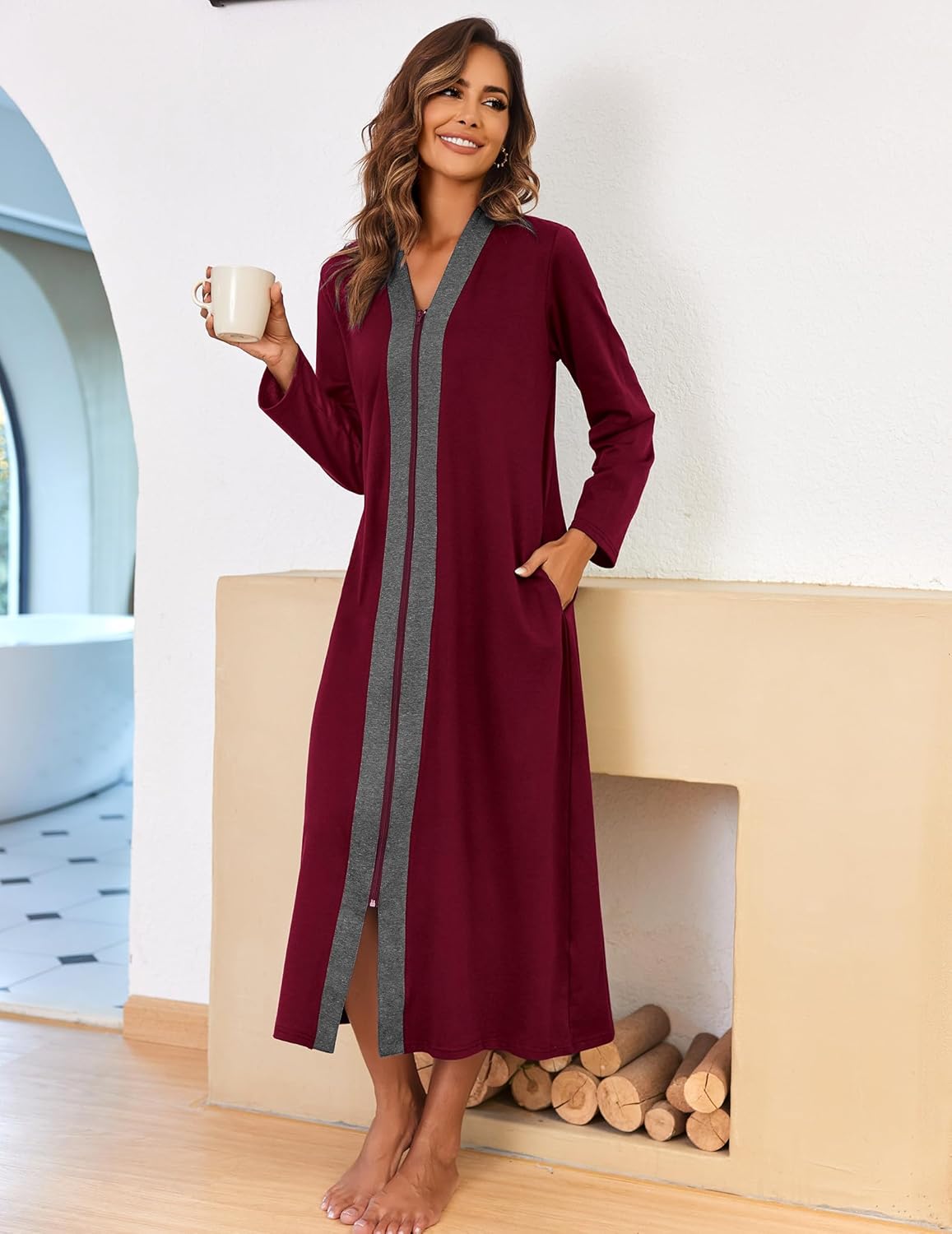 Ekouaer Women Zipper Robe Long Sleeve Loungewear Lightweight Housecoat Full Length Nightgown with Pockets