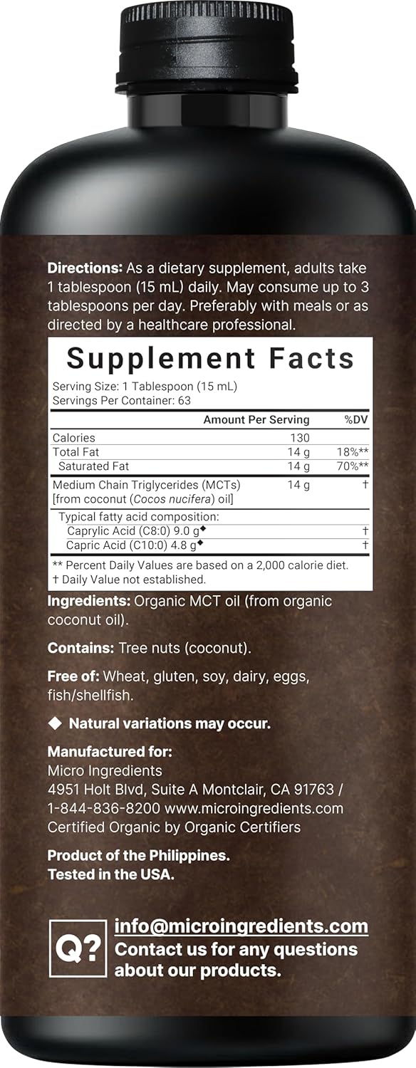 MCT Oil Organic, 32 fl oz |100% Virgin Coconut with C8 + C10 Fatty Acids | Natural Fuel for Brain Energy & Ketone Production | Great for Coffee or Dressings | Unflavored, Keto, Vegan