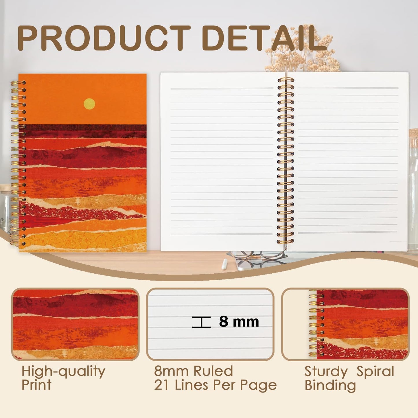 Boho Abstract Gold Beach Spiral Journal Notebook 5.5x8.3in, Abstract Sunset Ocean Beach Landscapes Notebooks for Note Taking, Gifts for Beach Lovers Hardcover Notebook Journal