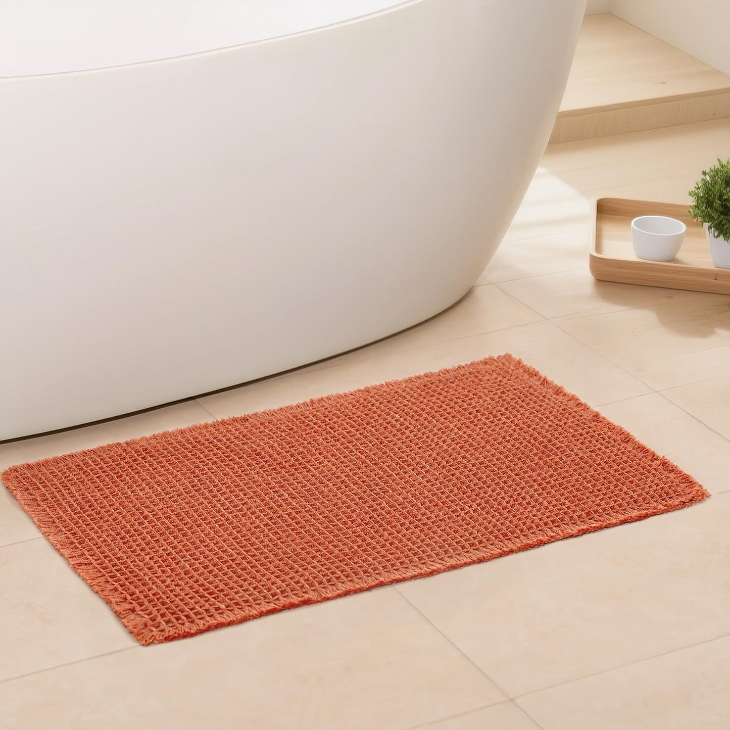 Waffle Bath Mat - Boho Bathroom Rugs Non Slip Washable, Super Absorbent & Quick Dry, Soft Bath Mat Farmhouse Bathroom Decor, 20'' x 32'', Dirty Orange