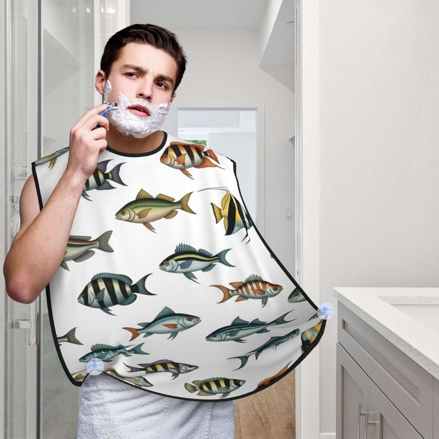 Beard Shaving Cape with Suction Cups, Sea Fish Pattern Shave Bib, Non-Stick Waterproof Hair Catcher, Grooming Bib for Men Husband