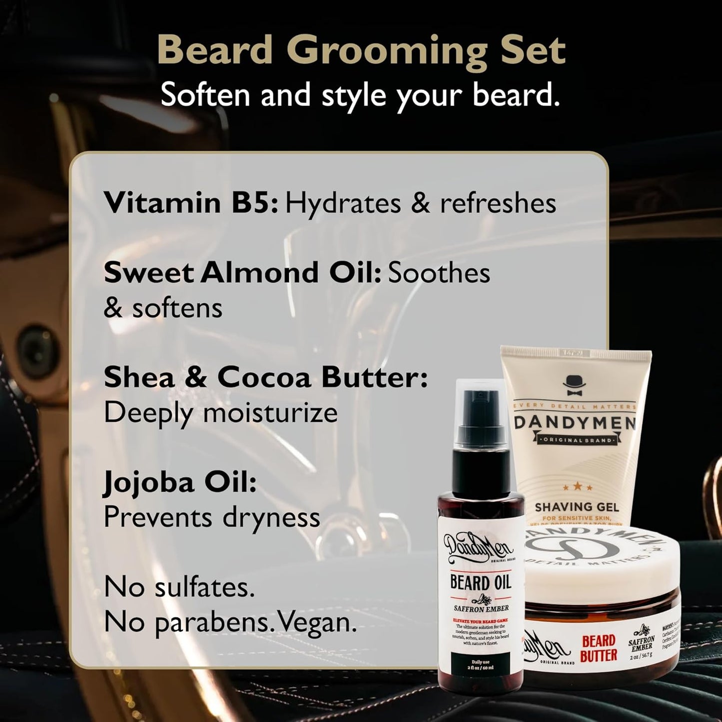 Beard Grooming Set – Beard Oil, Beard Butter & Shaving Gel – Hydrate, Soften & Style (3-pack, Saffron Ember)