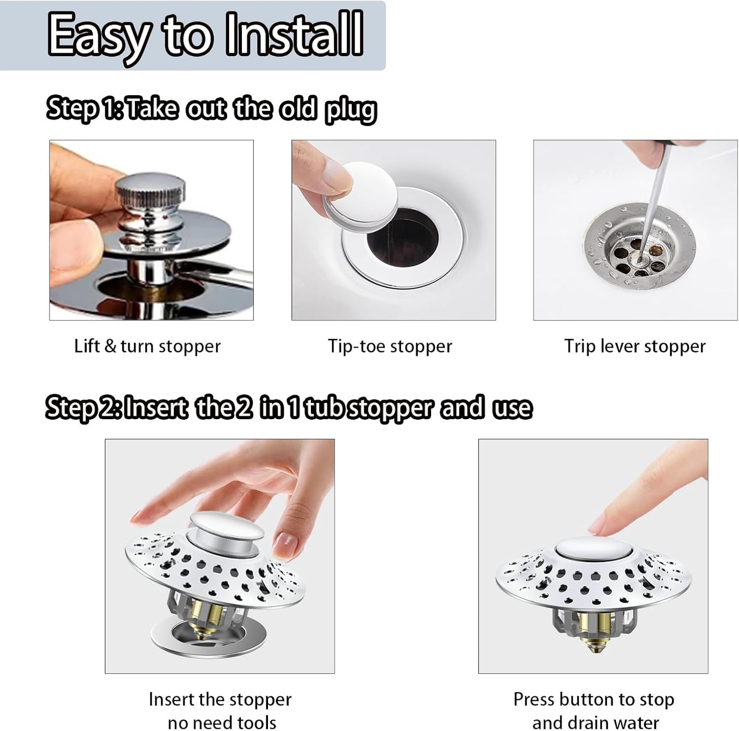 Tub Stopper Bathtub Drain Hair Catcher, 2 in 1 Bathtub Drain Stopper, Bathtub Stopper with Dual Filtration Design, Pop Up Bathtub Drain Plug for 1.4-1.9" Drain Hole