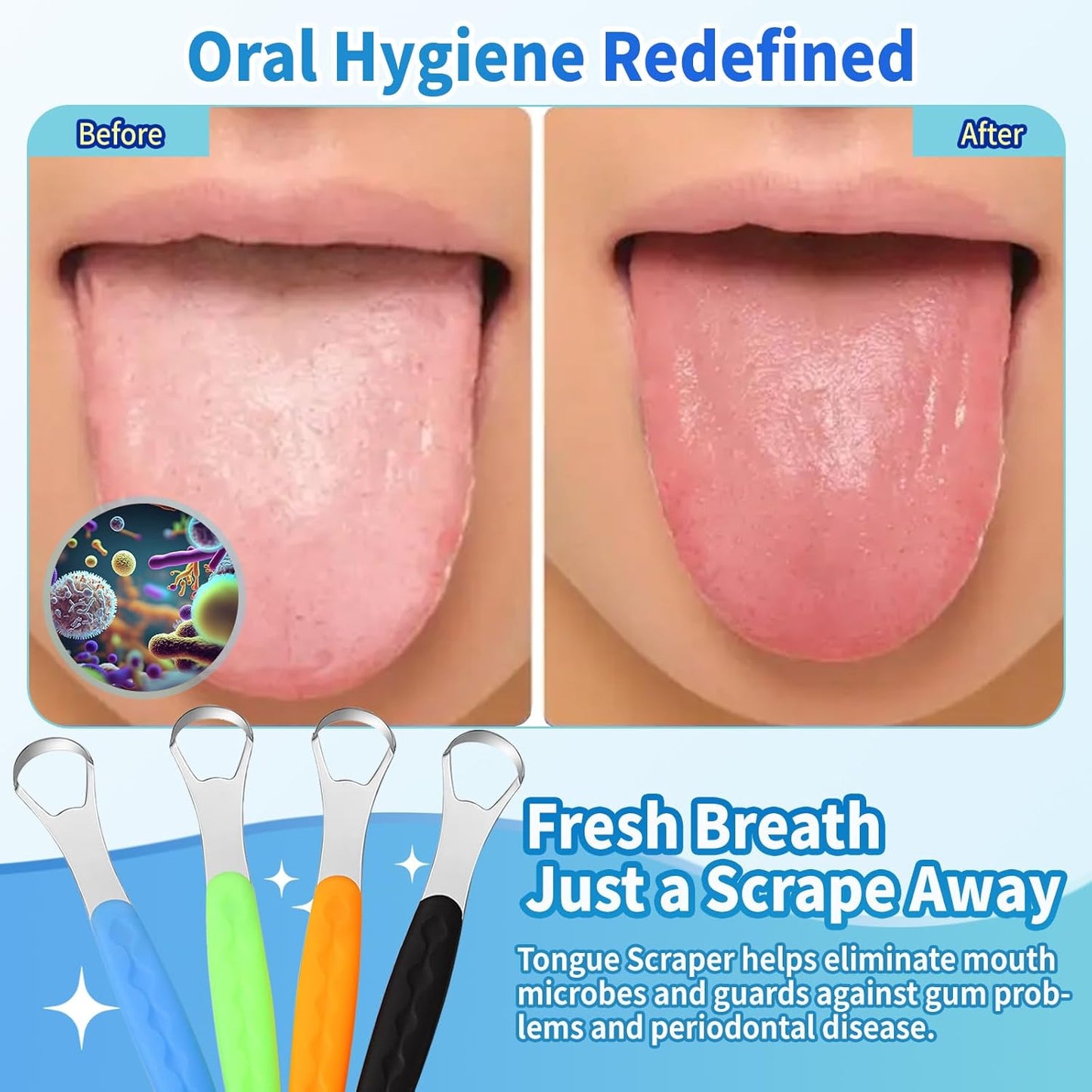 4-Pack Colorful Tongue Scraper for Adults with Travel Case, Stainless Steel, Metal Tongue Brush for Bad Breath, Oral Hygiene Tool, Easy to Use & Portable