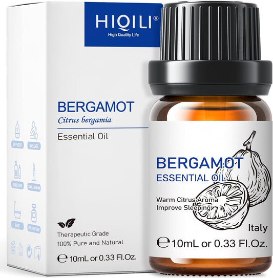 HIQILI Bergamot Essential Oil for Diffuser, Skin, Hair, DIY, 100% Pure & Natural, Travel Size - 0.33 Fl Oz (10 mL)