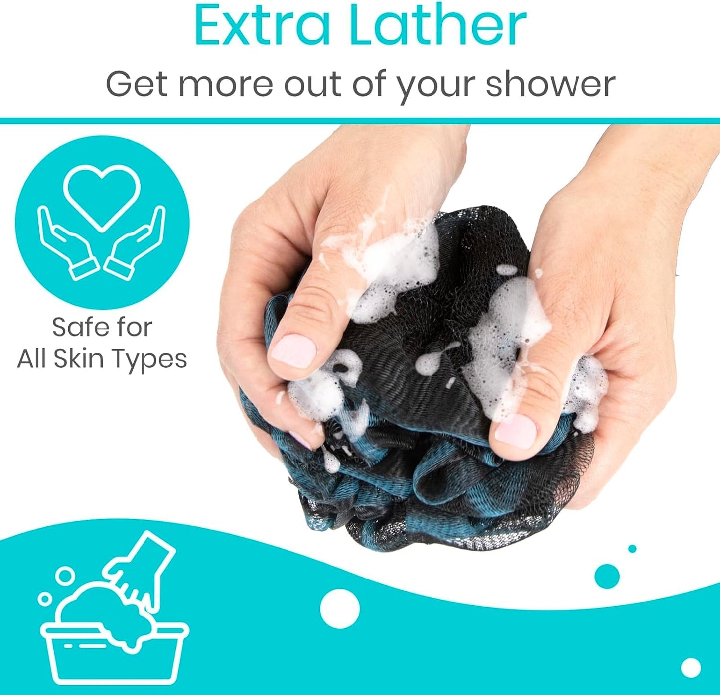 Vive Loofah Sponge Replacement (4 Pk) Shower & Bath Pouf Scrubber for Back & Body Exfoliation, Works with Vive Interchangeable Loofa Handle Long Brush (Replacement Sponge Black and Blue (4 Pack), 4)