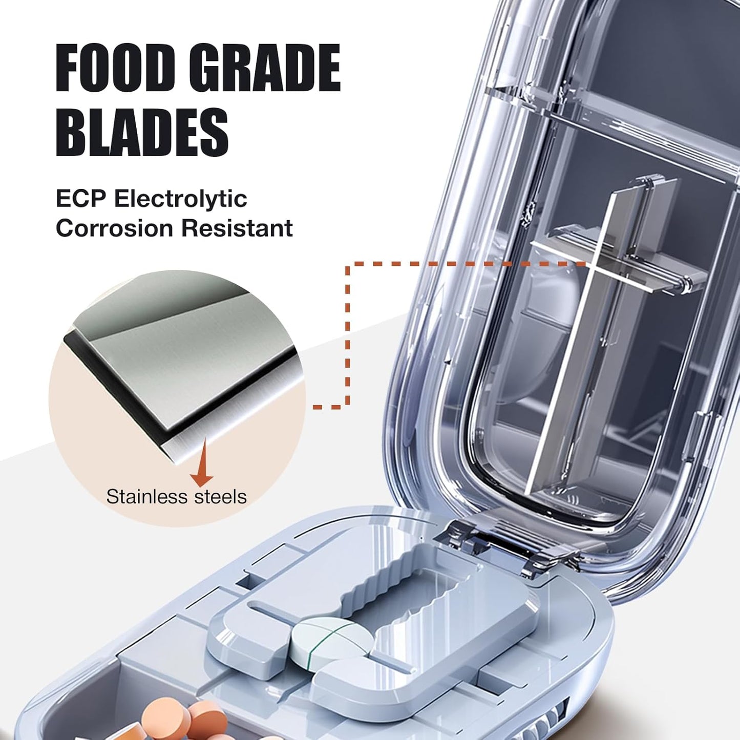 Portable Pill Cutter with Adjustable Slots – Multi Pill Splitter for Small & Large Tablets, Stainless Steel Blade, Clear Cut, Non-Slip Design, Easy to Use for Weekly Medication (Blue, 1/4)