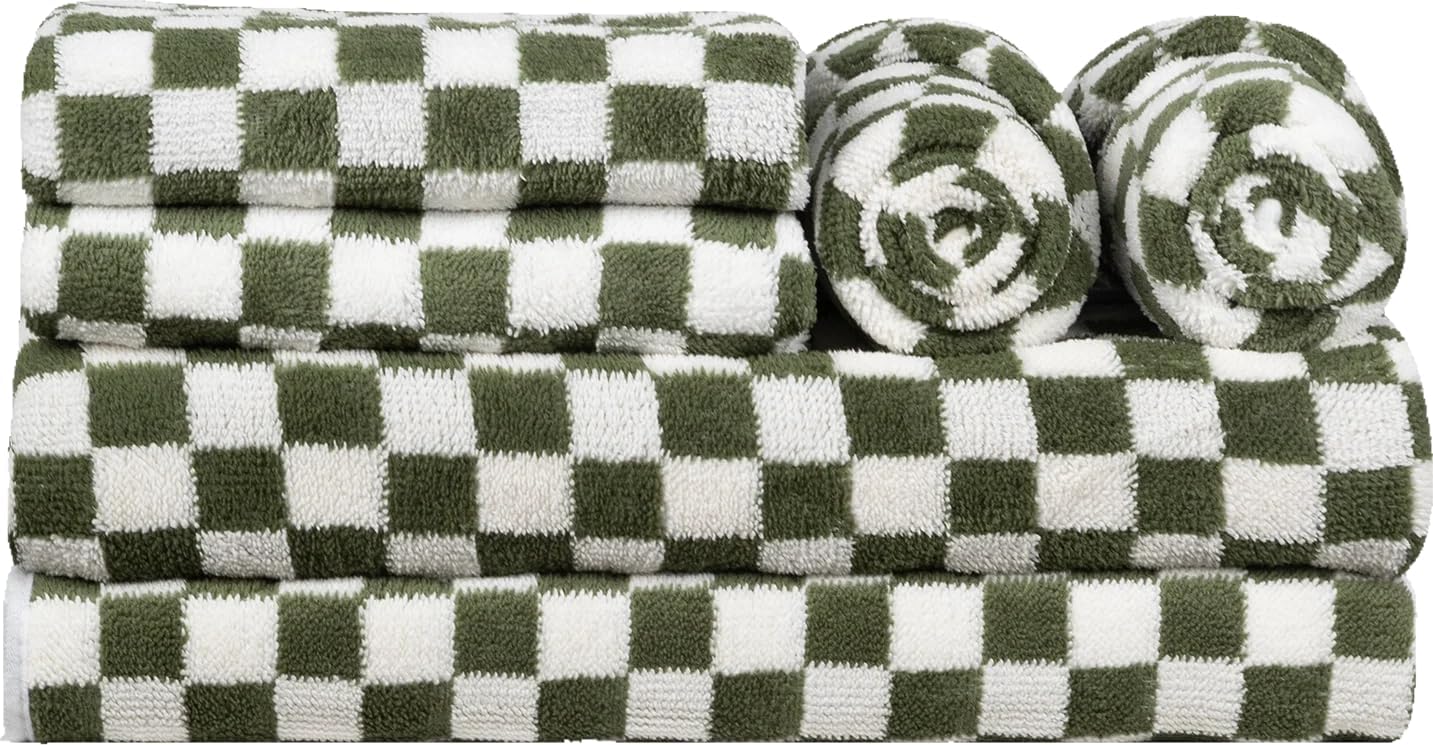Checkered Bath Towels Set of 6 Large, Microfiber Shower Towels * 2 (55.12"*27.56"), Hand Towels * 4 (29.52"*13.77"),Towels for Bathroom、Pool、Hotel, Spa, Soft Absorbent Quick-Dry（Green）