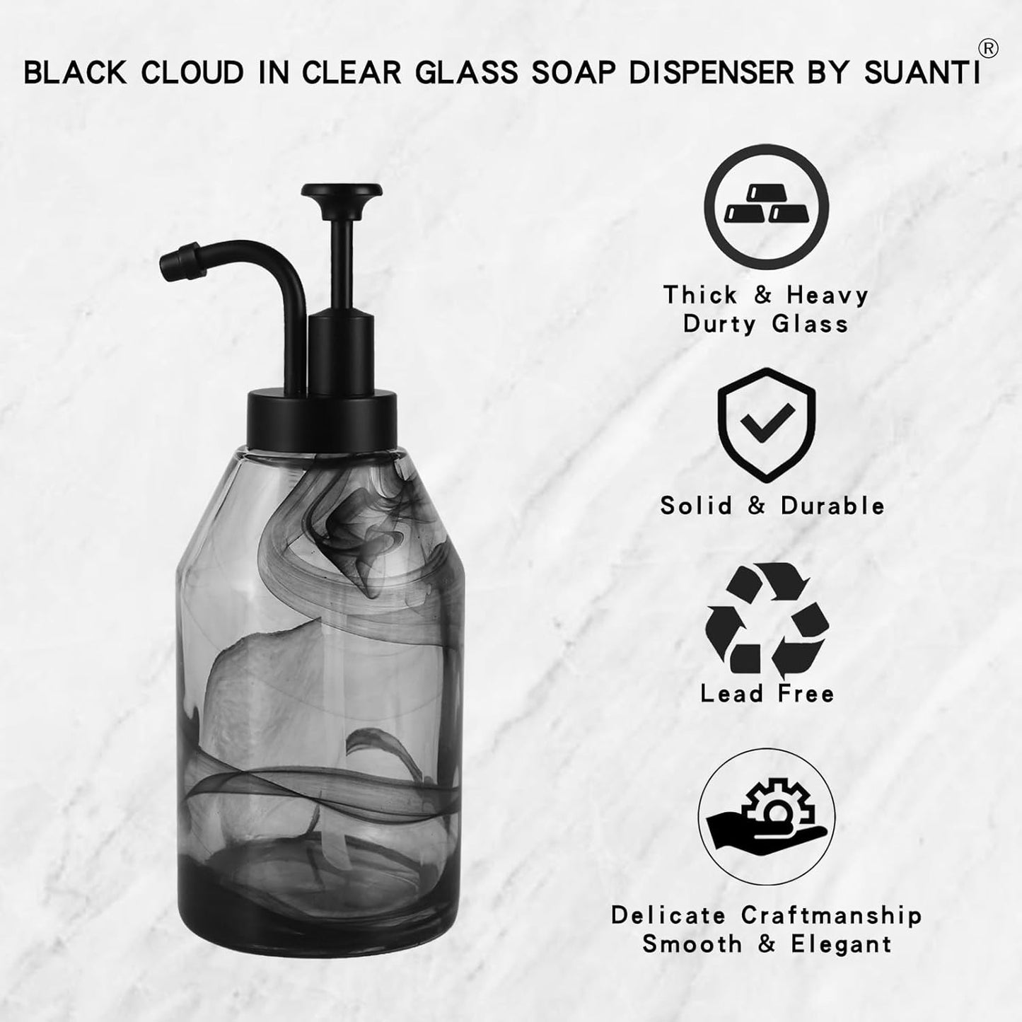 Bathroom Glass Soap Dispenser Set, 2 Pack 12.5 Oz Unique 3D Black Smog Thick Glass Hand Soap Bottle with Smooth Action Rust-Free ABS Pump, Kitchen Dish Soap Dispenser (Black)