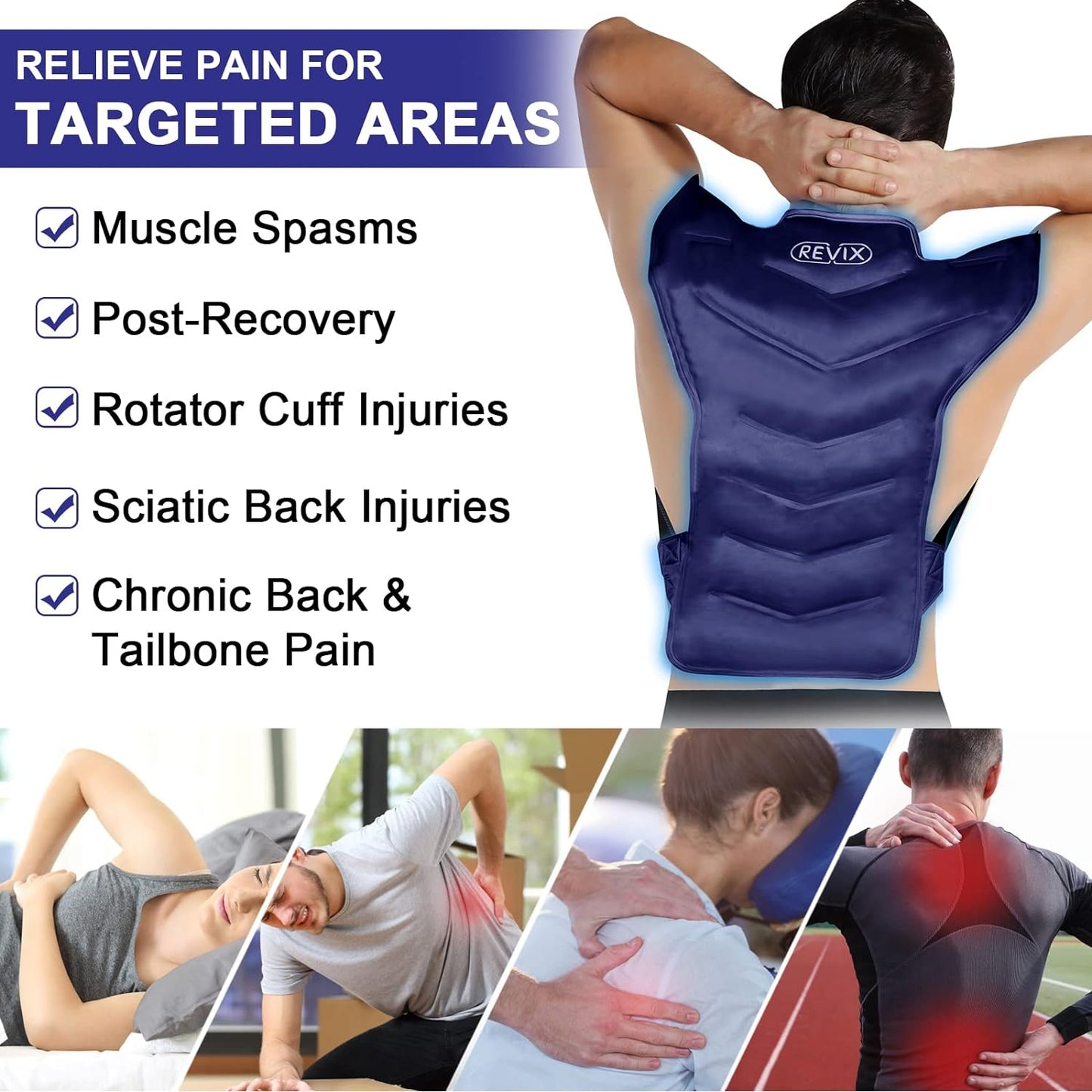 REVIX Large Ice Pack for Back and Shoulder Discomfort Relief, Reusable Gel Cold Pack for Full Back, Soft Plush Lining, Flexible and Long-Lasting, Navy