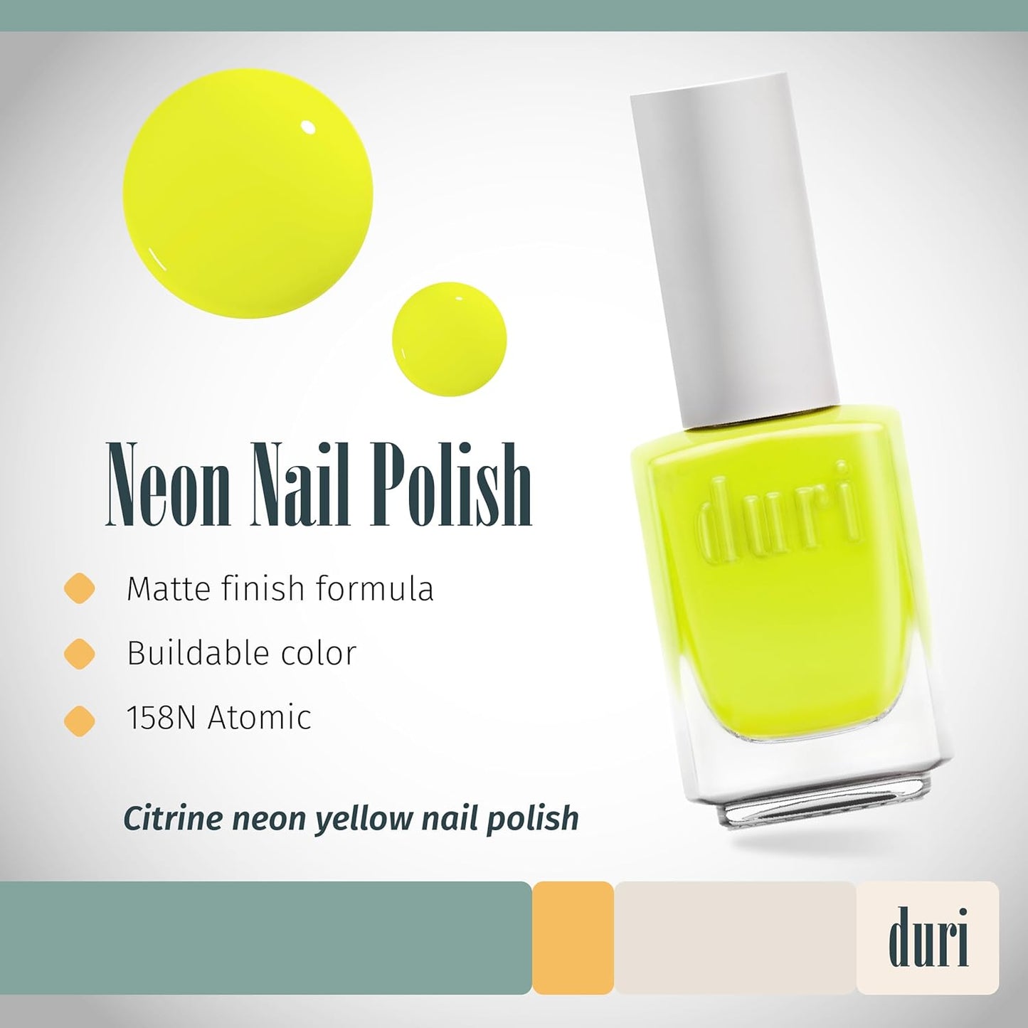 duri 158N Atomic - Neon Yellow Nail Polish, Mate Finish, Quick Drying, 0.45 Fl Oz