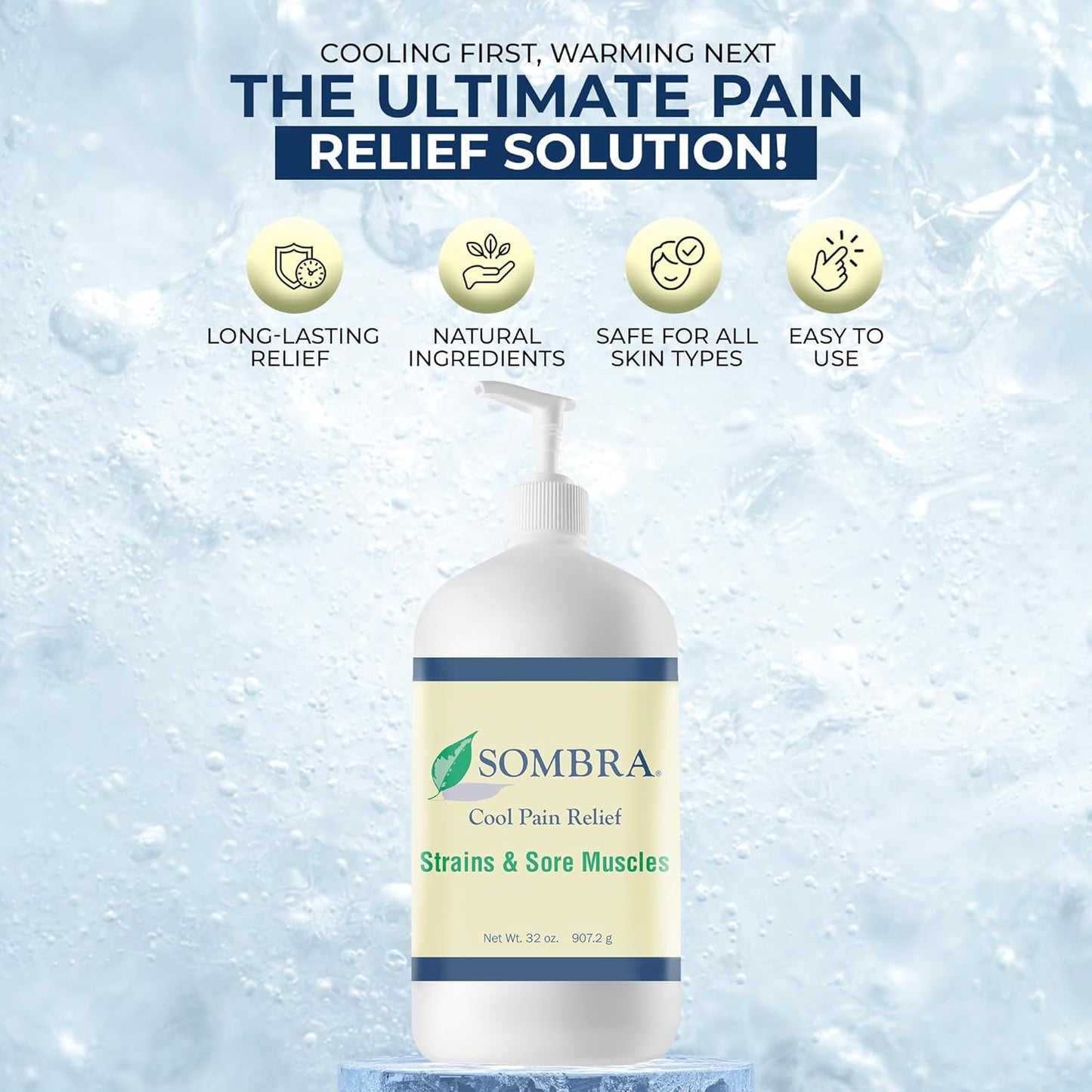Sombra Original Cool Therapy Gel Cold Pain Relief for Swelling, Growing Pains, Soreness, Post-Workout, Vegan Formula Free of Artificial Fragrances, Dyes, NSAID, Wax, Petroleum, Alcohol - 32oz Pump