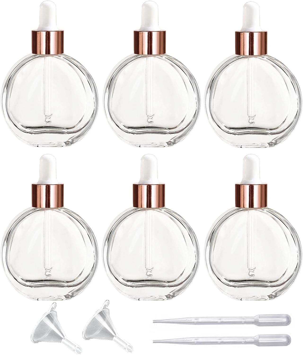 6Pcs,2 oz Glass Dropper Bottles for Essential Oils,60ml Clear flat round perfume bottle with Droppers,for Oils, Perfumes, Serums,Leakproof for Travel (Clear/Rose Gold)