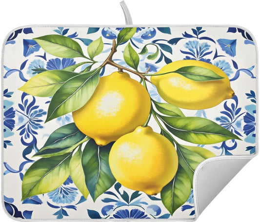 Lemon Italian Tile Blue E Dish Drying Mats for Kitchen Counter, 18x24 inch Drying Dishes Absorbent Microfiber Dish Drainer Mat Rack Pad Fast Dry