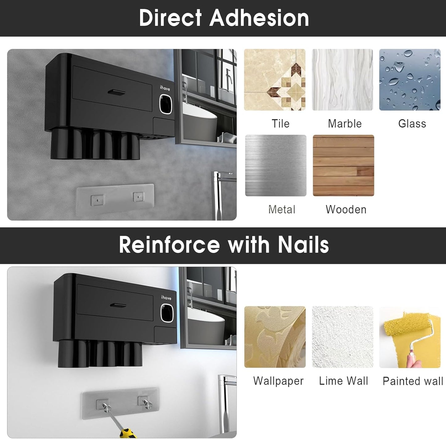 iHave Toothbrush Holders for Bathrooms, 3 Cups Toothbrush Holder Wall Mounted with Toothpaste Dispenser - Large Capacity Tray, Cosmetic Drawer - Bathroom Organizer & Bathroom Organization and Storage