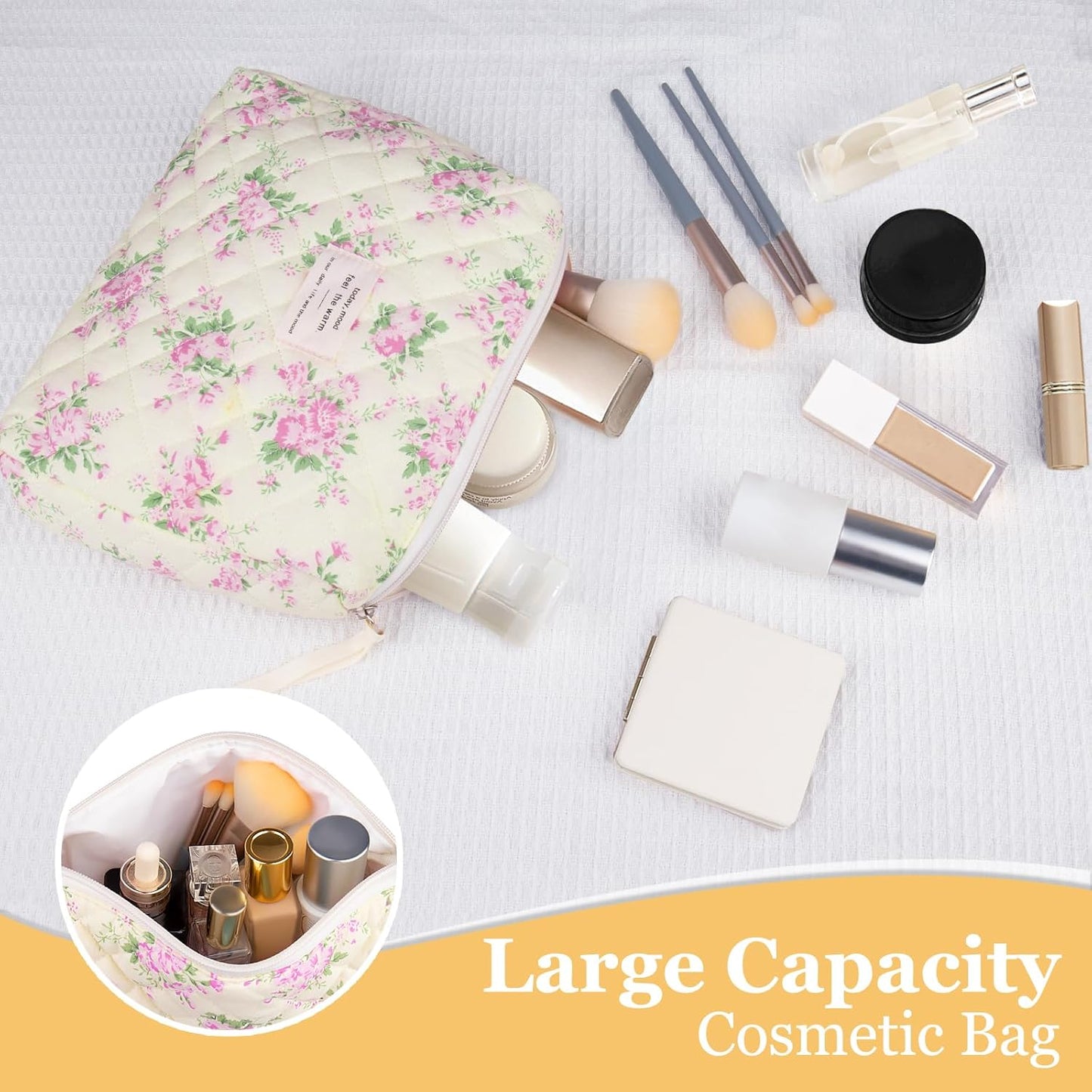 Floral Makeup Bag, Small Cosmetic Bag for Women Girls, Cute Cotton Makeup Bag, Quilted Makeup Bags, Flower Travel Toiletry Organizer Bag(Pink Flower)