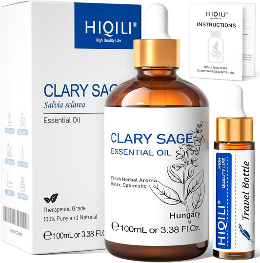 HIQILI Clary Sage Oil Essential, Herbal Sooth Aroma in Diffuse, Meditation, Calming Sleep at Bedtime, Body Massage, Moisturize Skin, DIY Deodorant Spray - 100ML