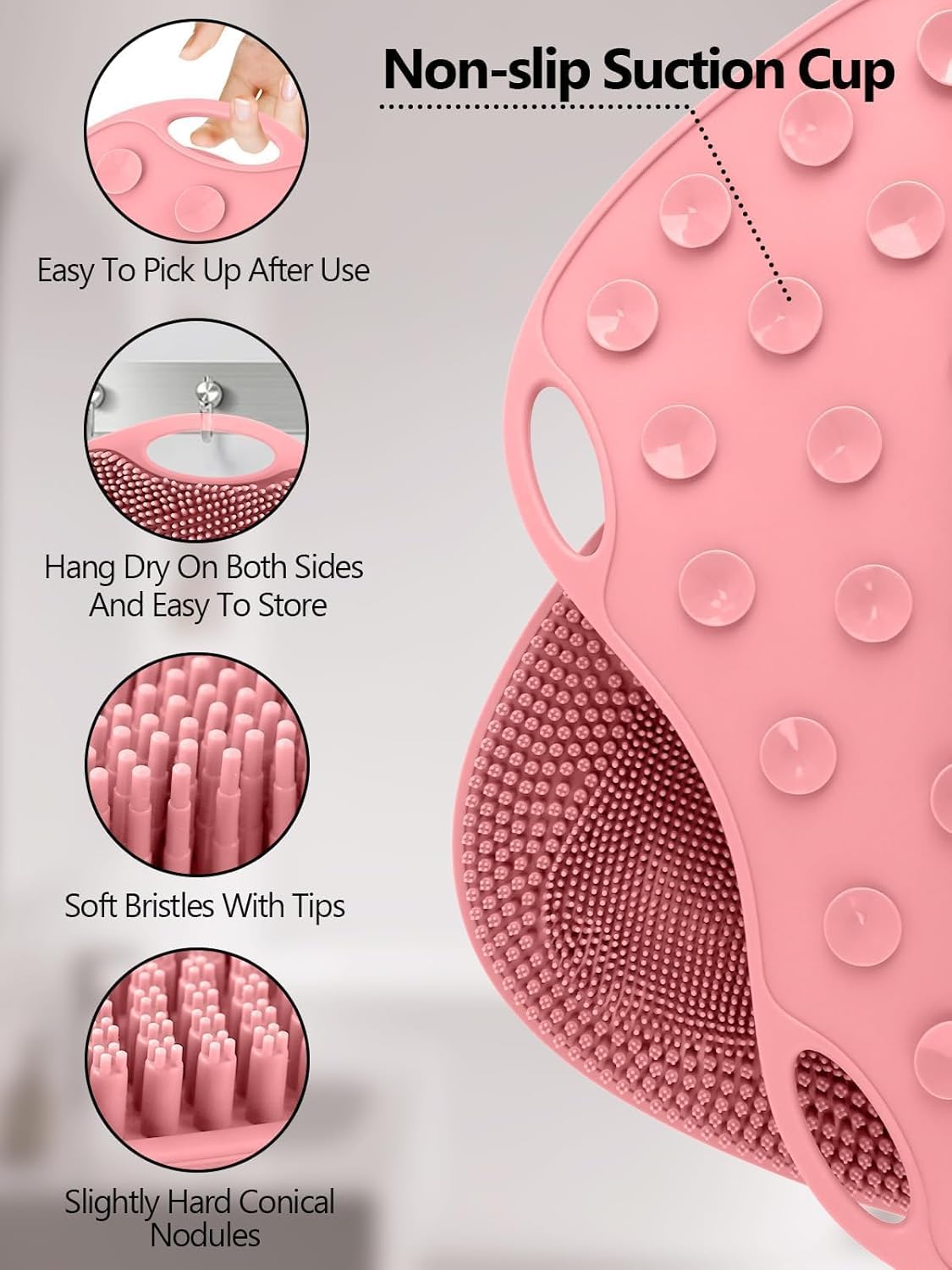 Kalolary Silicone Shower Foot Scrubber Mat, Large Foot Scrubber in Shower with Non Slip Suction Cups Foot Cleaner Brush to Clean Exfoliate and Massage Feet Without Bending Over Easy to Clean (Pink)