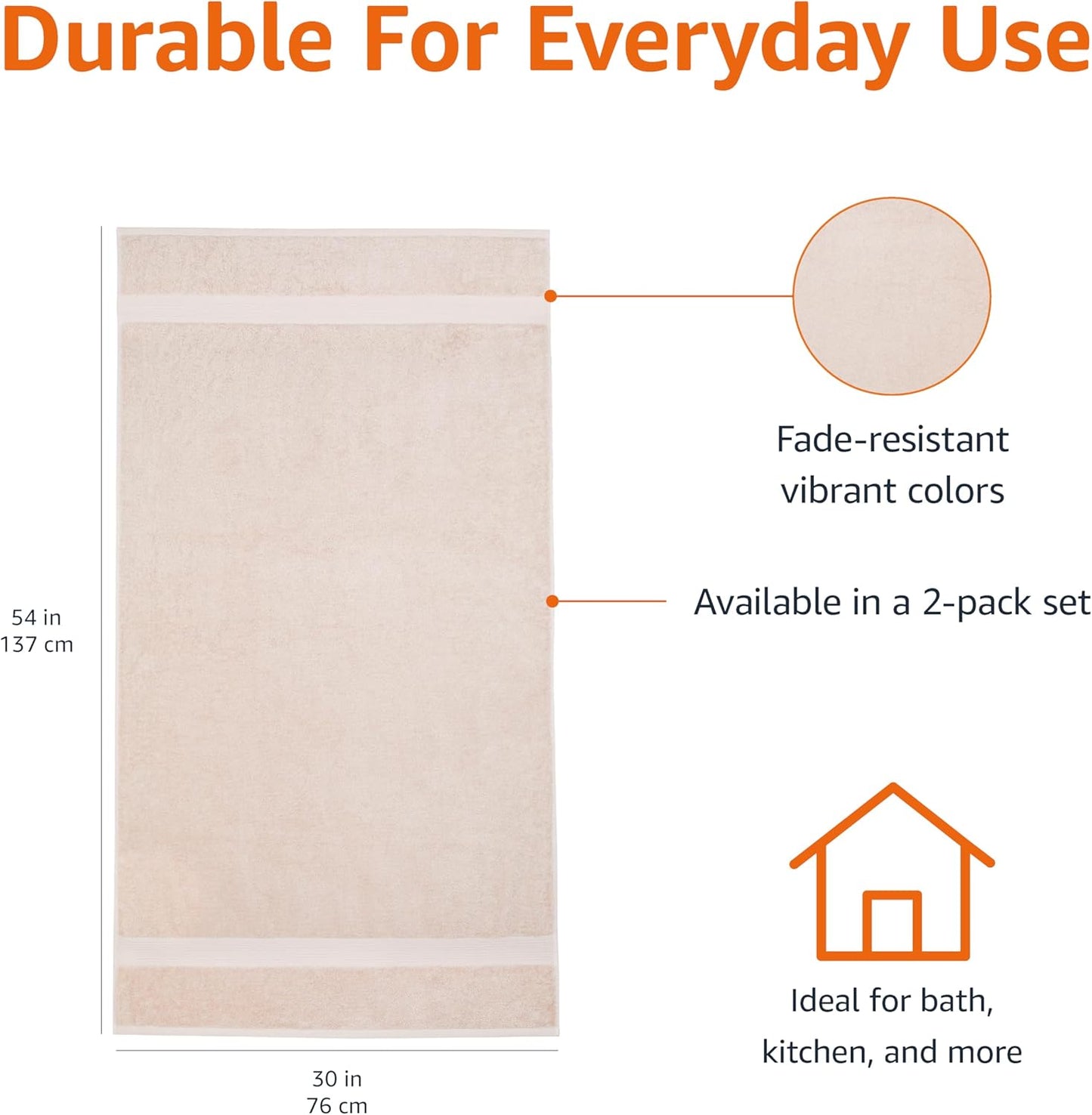 Amazon Basics Fade-Resistant 100% Cotton Bath Towel, 2 Pack, 30"x54", Blush Pink