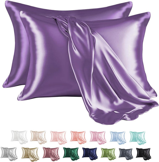 MR&HM Satin Pillowcase for Hair and Skin, Silk Satin Pillowcase 2 Pack, Standard Size Pillow Cases Set of 2, Silky Pillow Cover with Envelope Closure (20x26, Lavender)